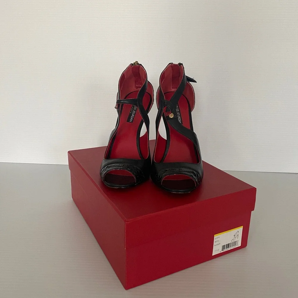 Charles‎ Jourdan Paris Beth Black Snakeskin Stiletto Peep Toe Heels Sandals 7.5